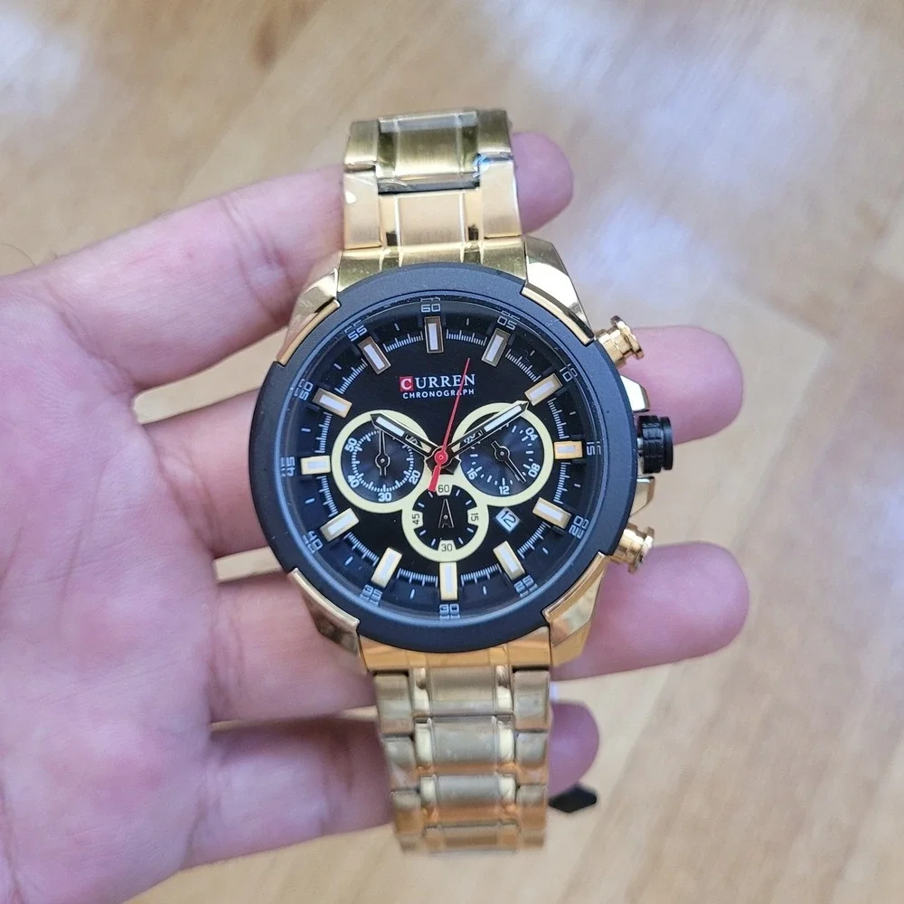 Curren‎ Mens Chronograph Watch Gold Tone Stainless Steel Black Dial New